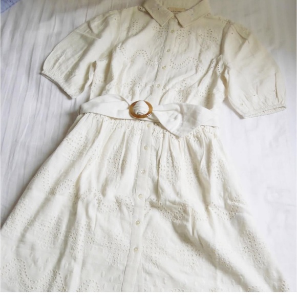 Sezane Cream Eyelet Mini Dress with Belt - Picture 3 of 5